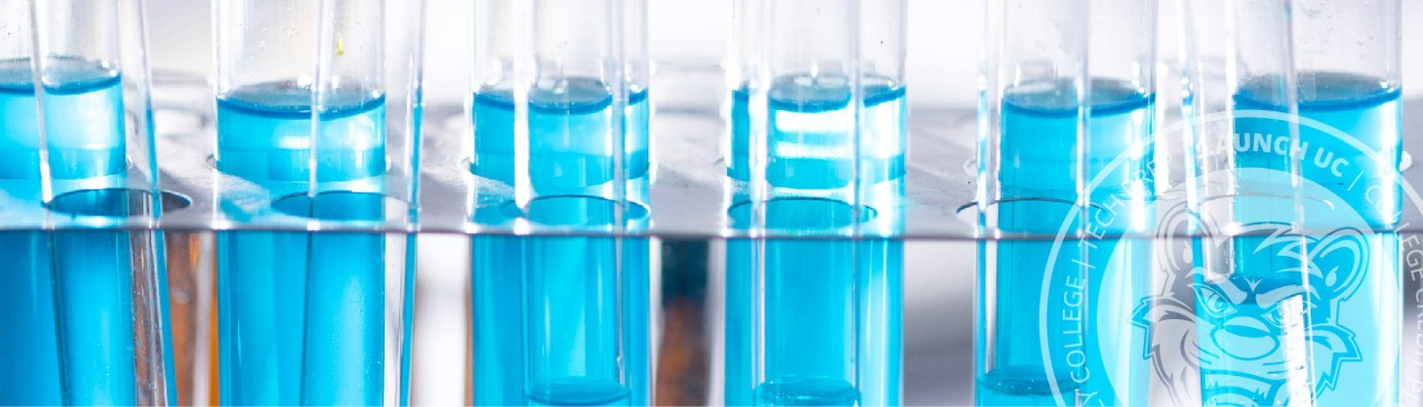 A set of test tubes with blue liquids