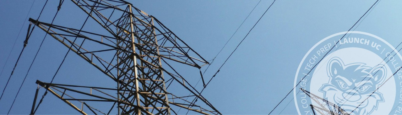 Powerlines across a blue sky