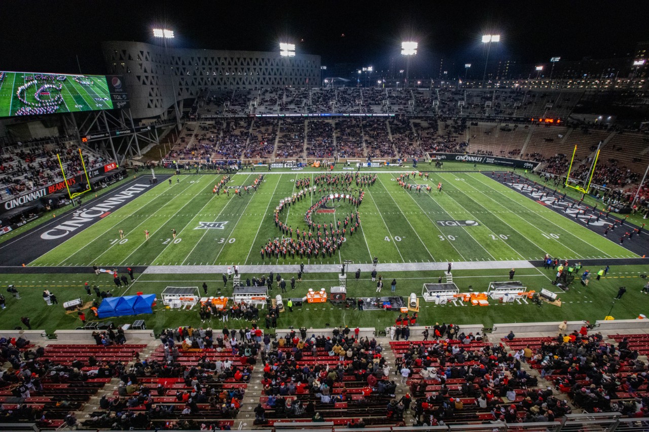 UC marching band in CPAW formation