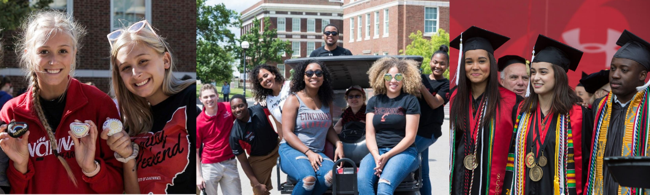 Students hold up painted rocks at Family Weekend; Students pose on MainStreet sitting on a car; Graduates pose at Commencement