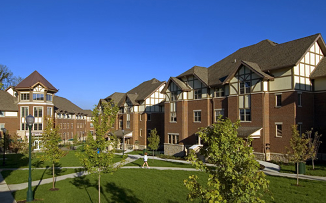 Exterior of Tudor-style buildings in the Stratford Heights complex.