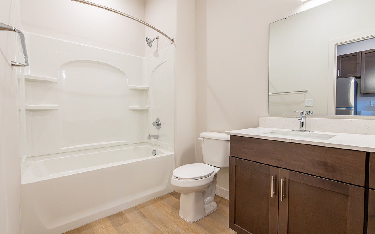 Full bathroom with sink, vanity, toilet and shower