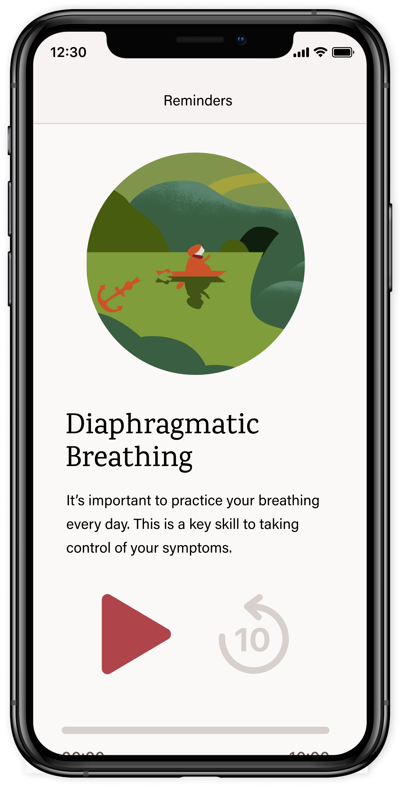 A phone displaying a screen from the Stanza app labeled "Diaphragmatic Breathing"