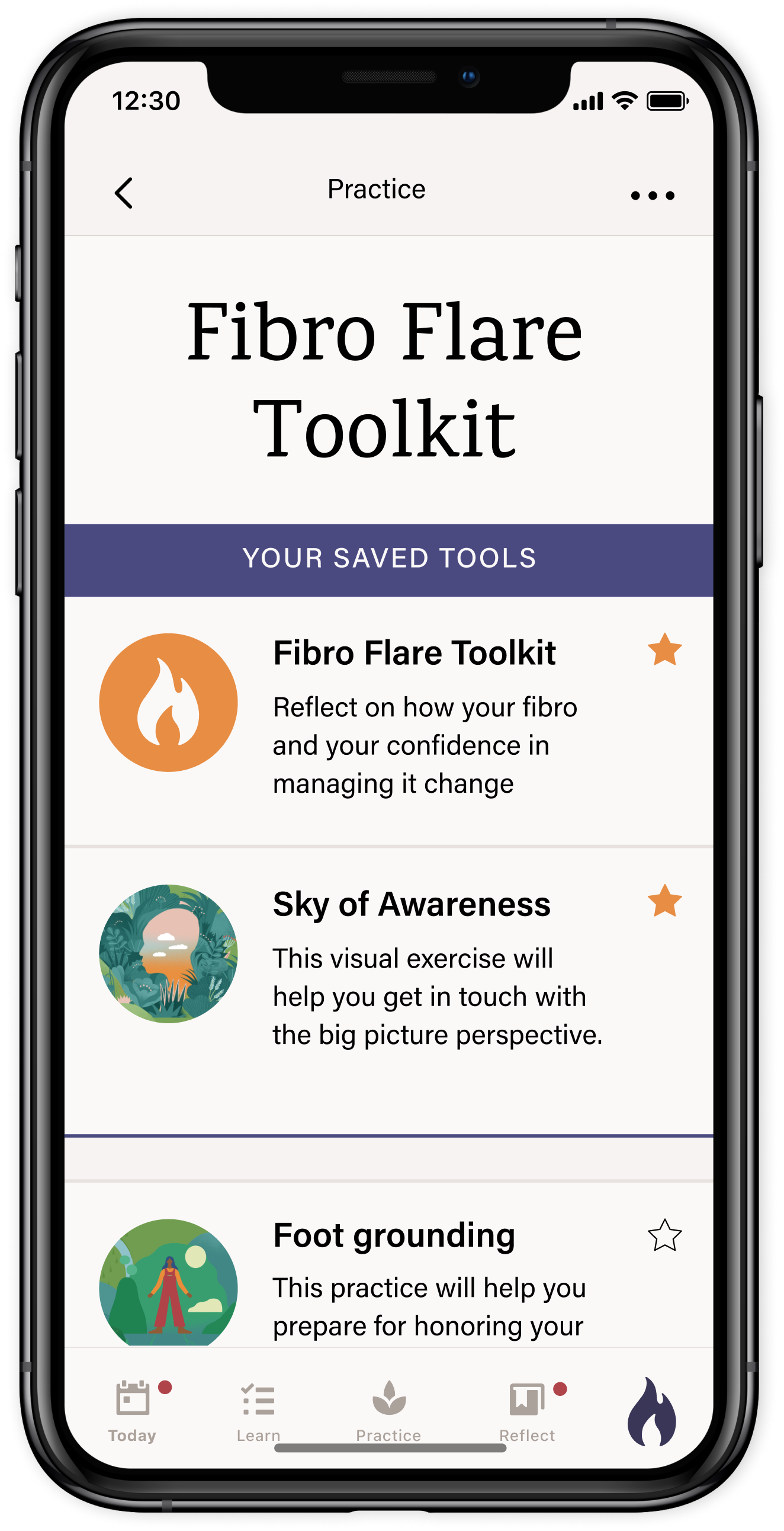 A phone displaying a screen from the Stanza app labeled "Fibro Flare Toolkit"