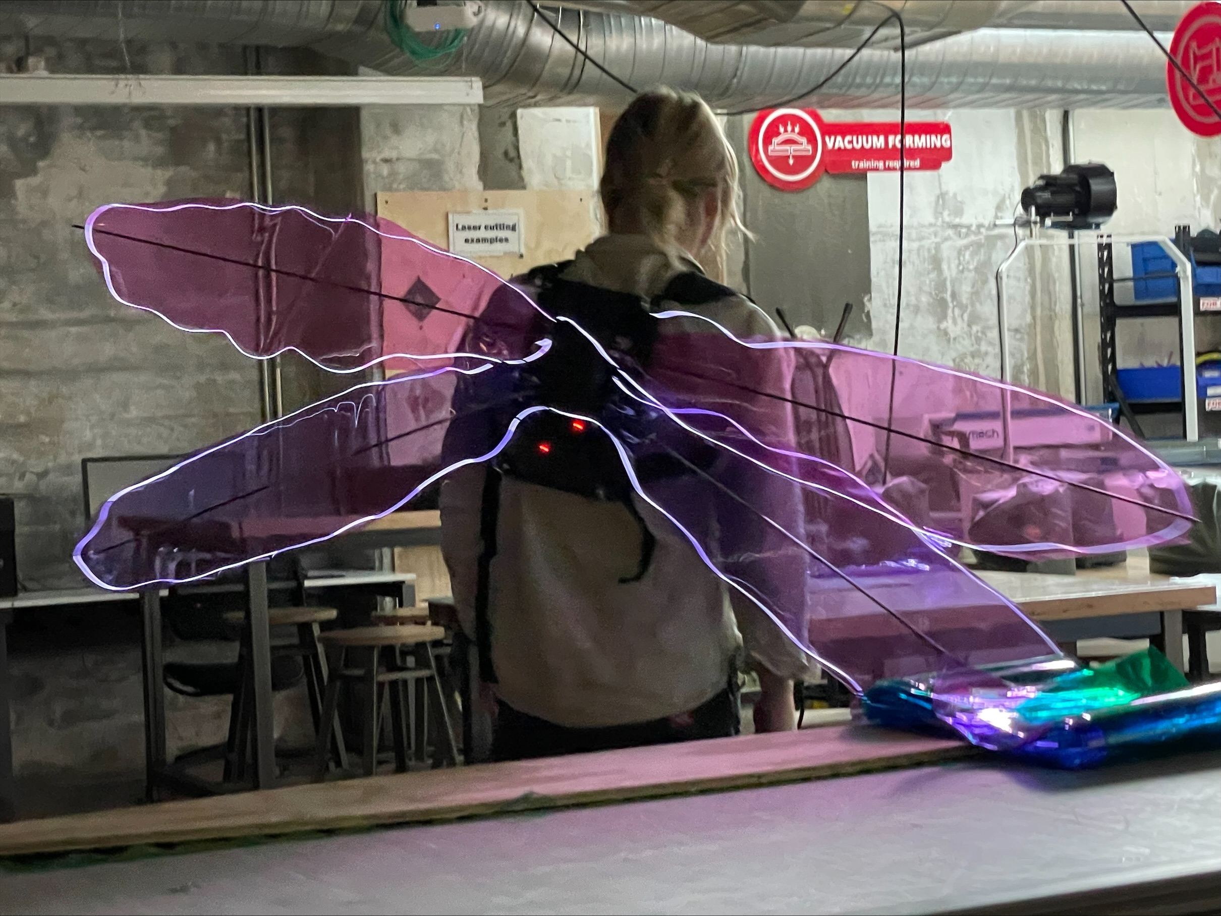 A person wears illuminated dragonfly wings on their back.