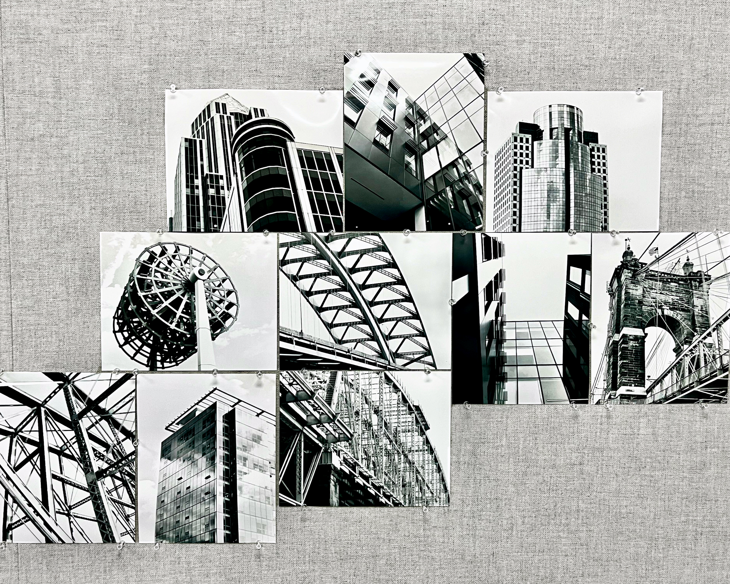 Collage of several black and white photographs of Cincinnati bridges.