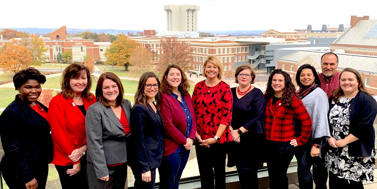 Current Staff Senators standing on balcony at University Pavilion 