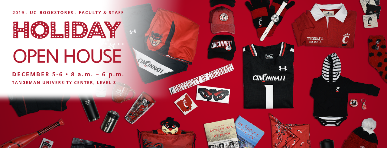 Holiday open house is December 5-6, 2019 at the UC Bookstore in TUC. UC Gear, Clothing and mroe.