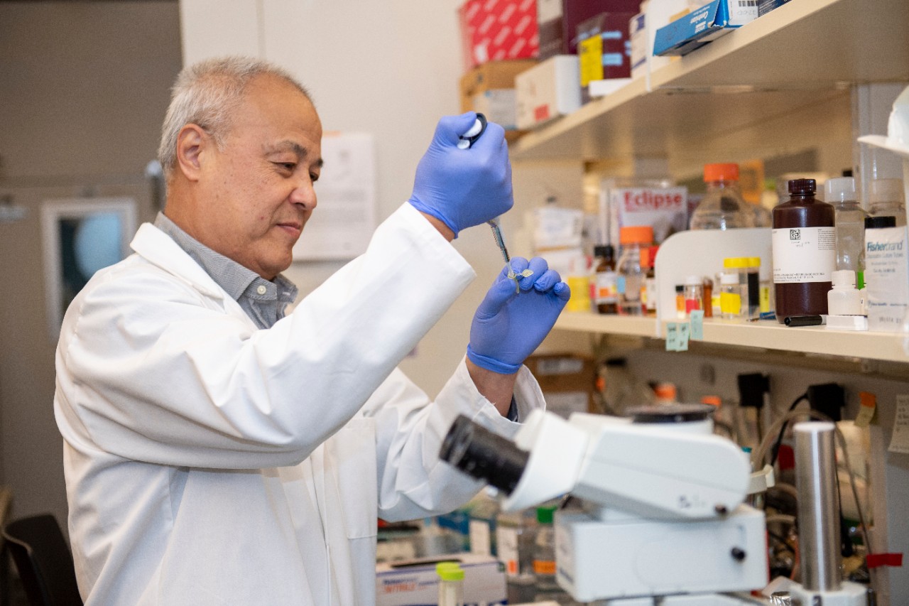 Xiaoyang Qi in his lab with a pipette 