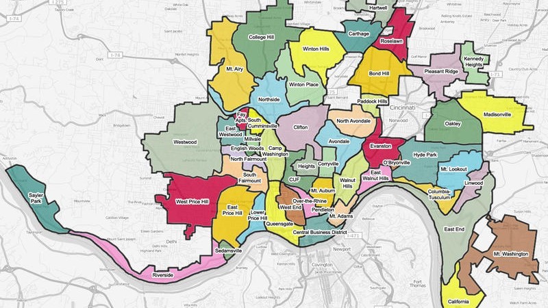 brightly colored map of Cincinnati neighborhoods