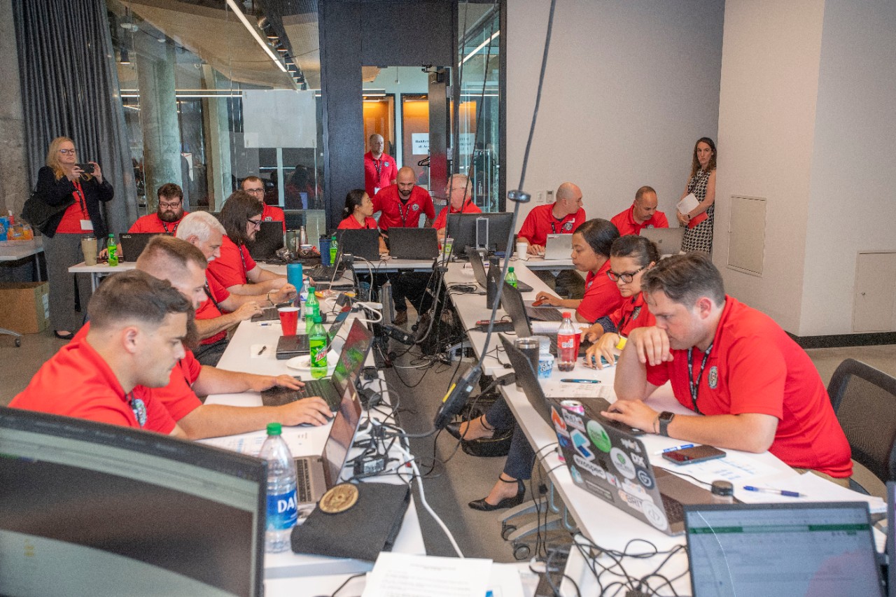 Members of the Ohio Cyber Reserve take part in a training exercise at the University of Cincinnati's 1819 Innovation Hub.