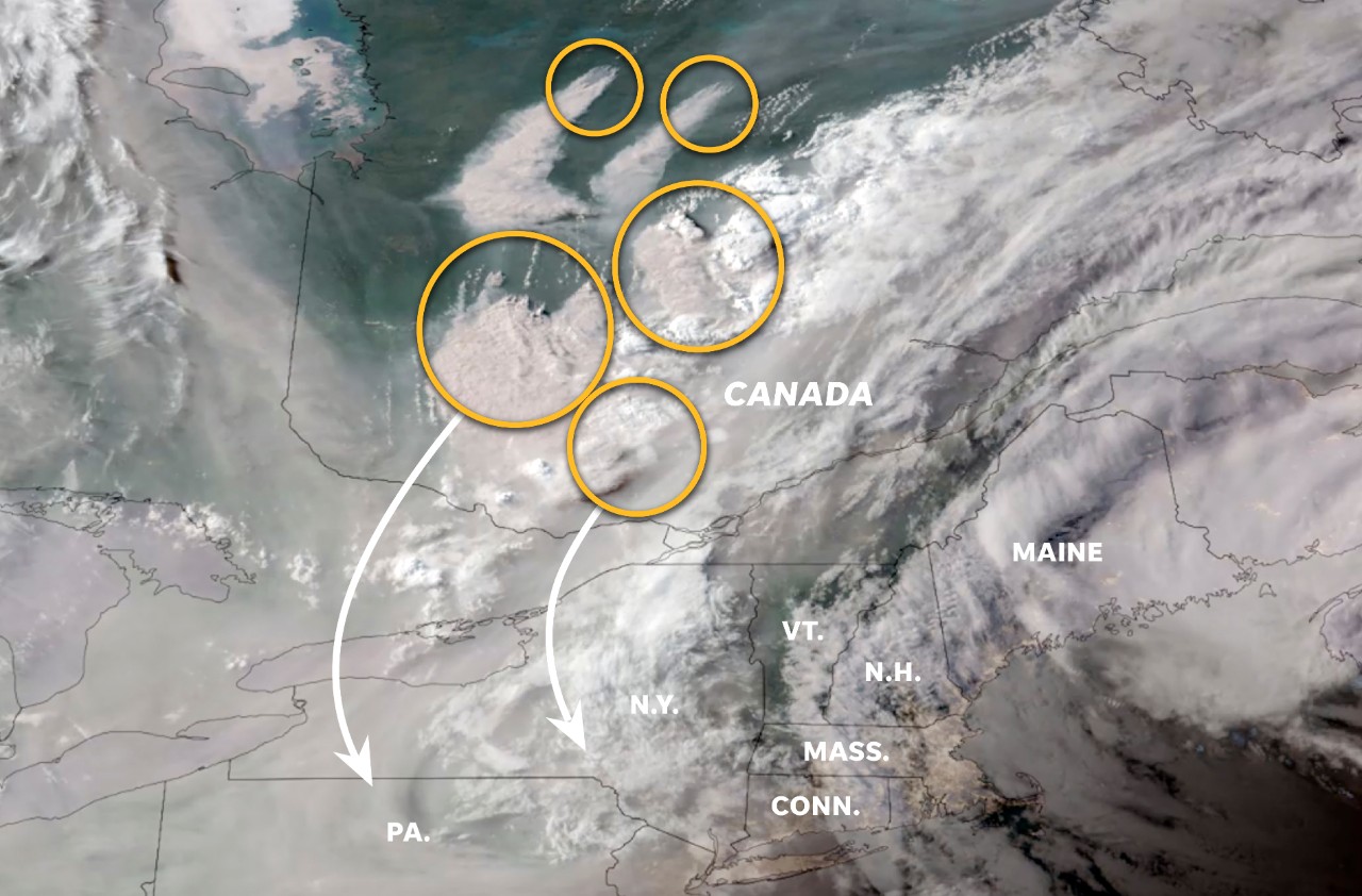 a graphic showing the wind dispersion of smoke from Canadian wildfires into the United States