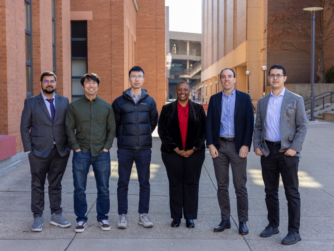 Group photo of new CEAS faculty (from left: Abhinav SInha, Chaowen Guan, Tianren Wu, LaShan Hendrix, Andrew Erwin and Ahmed Allam)