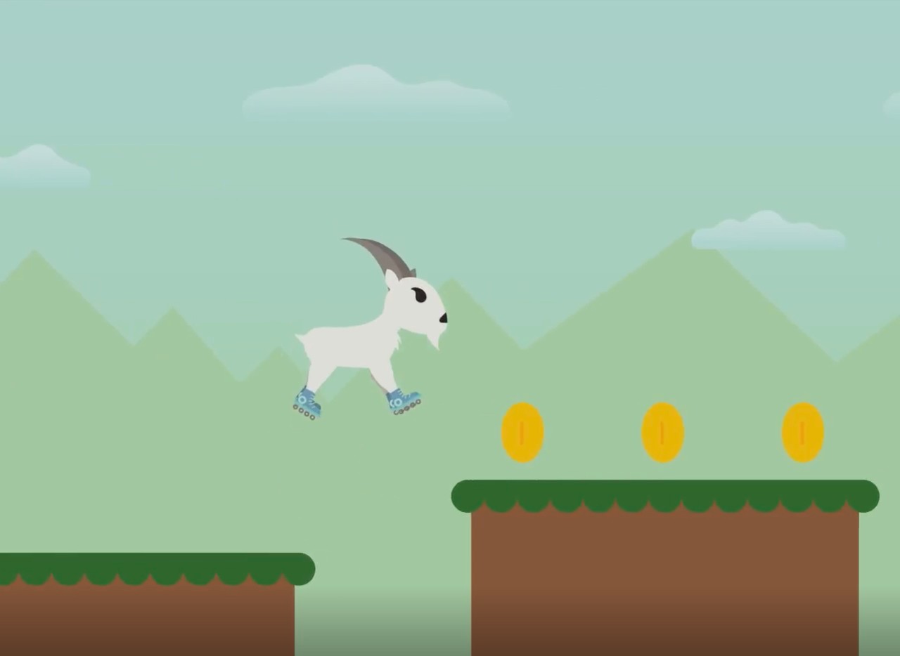 A goat on roller skates jump from platform to platform in a video game developed at the University of Cincinnati.