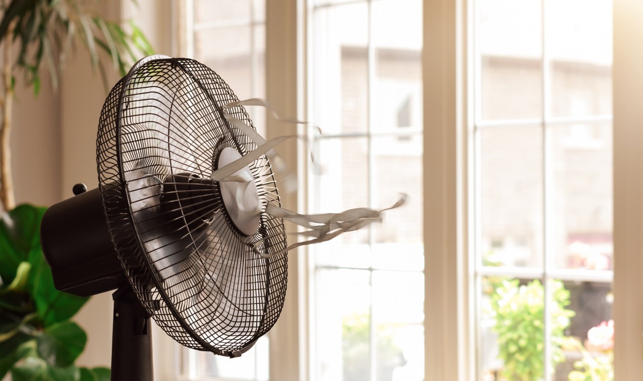 standing fan with ribbons blowing on hot sunny day  
