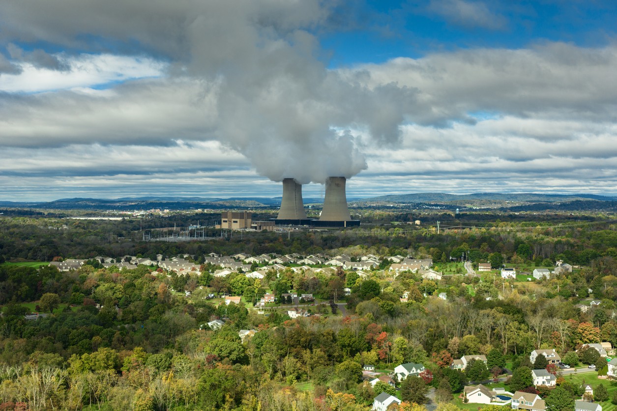 Aerial photo of Limerick Generating Station, a nuclear power plant in Pennsylvania, on an overcast day.