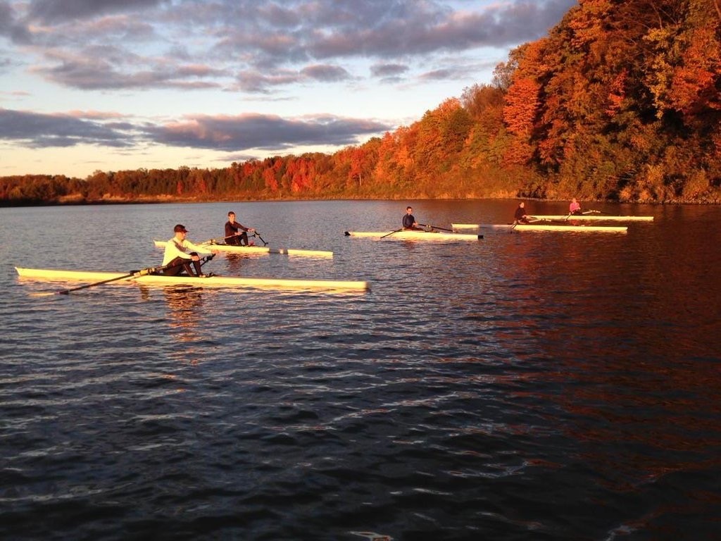 Rowers practicing on a lake