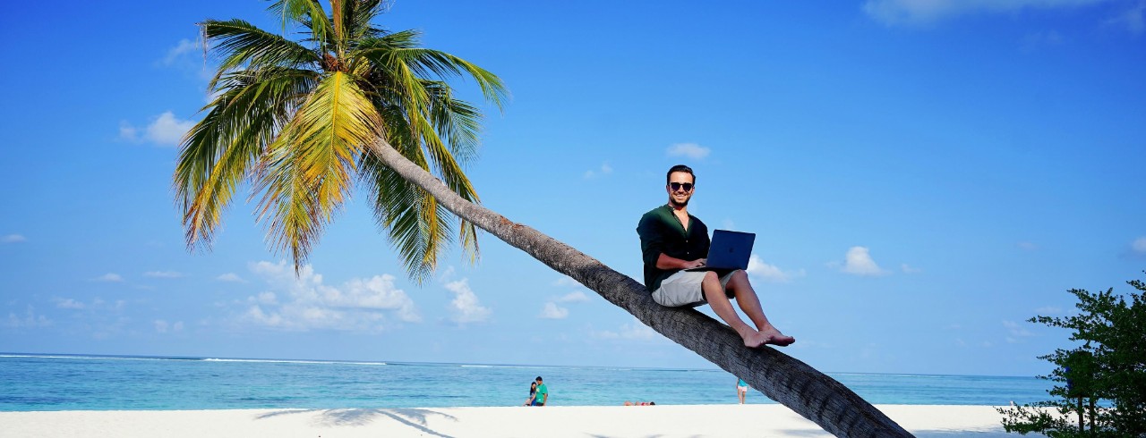 Man working on his laptop while sitting on a palm tree on the beach.