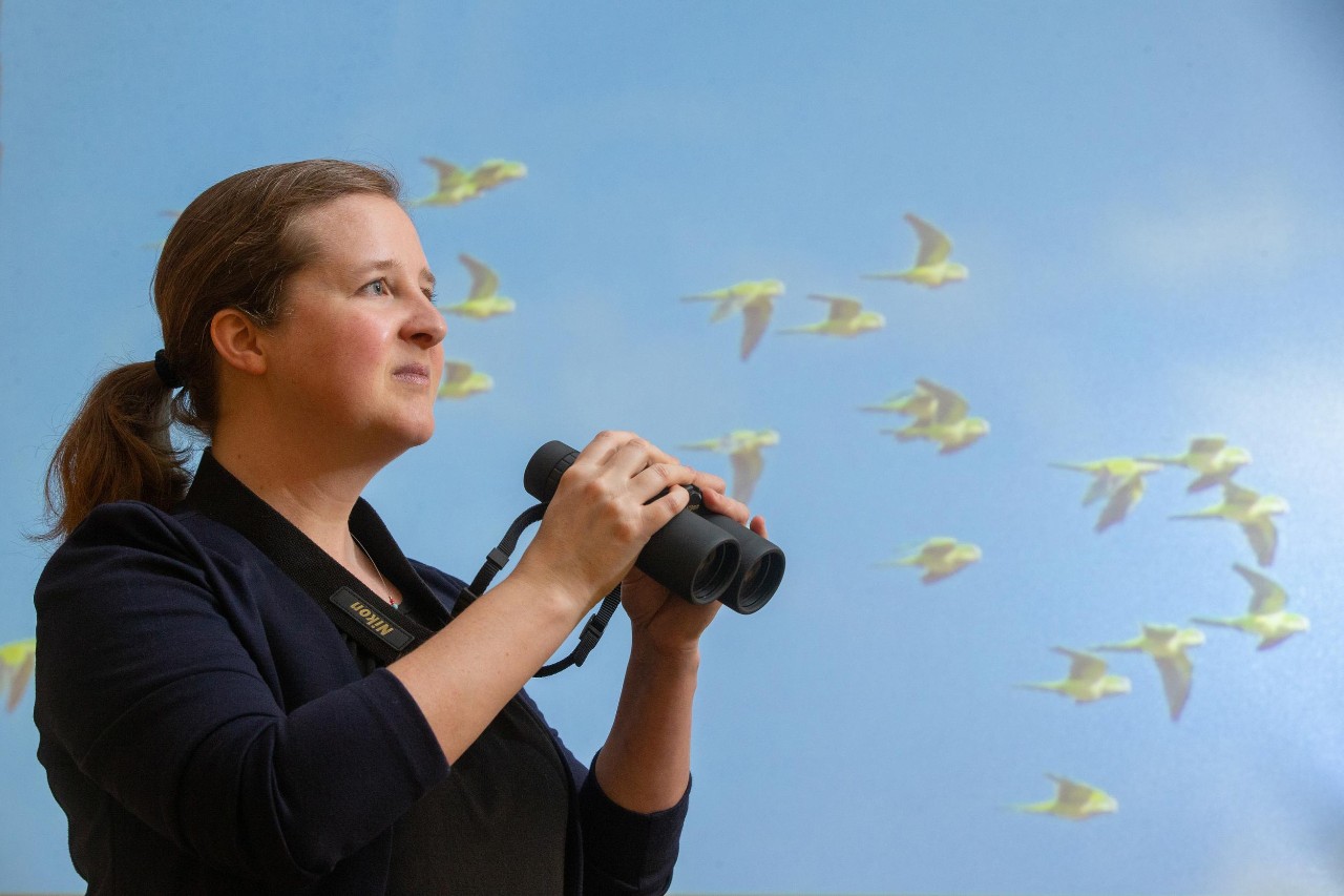 Elizabeth Hobson holds binoculars with birds projected on a screen behind her.