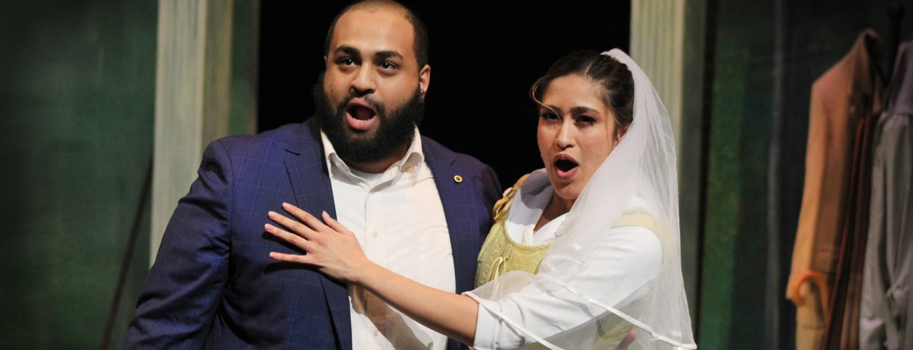 A photo of undergraduate Voice students Sam Dhobhany and Léa Nayak performing in CCM's 2024 Opera d'arte production of Mozart's "The Marriage of Figaro." Photo/provided