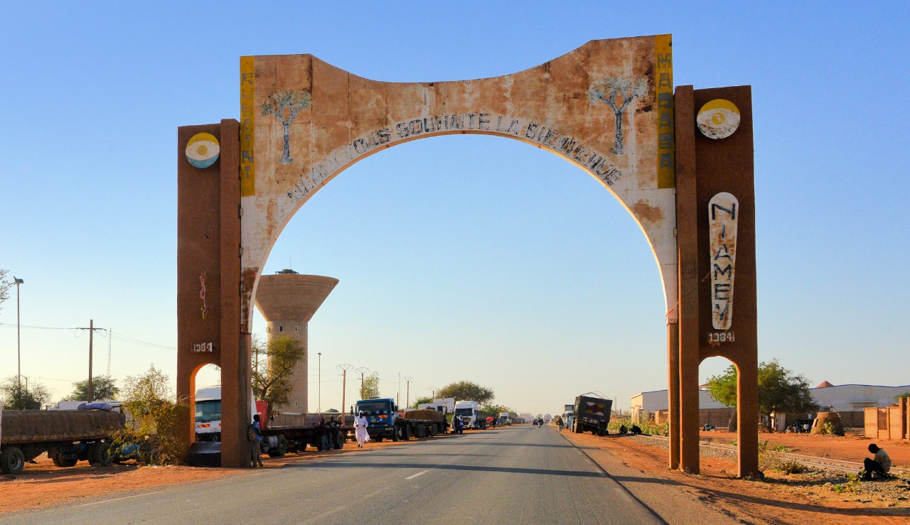 The entrance gate to the city of Niamey, the largest city in Niger.