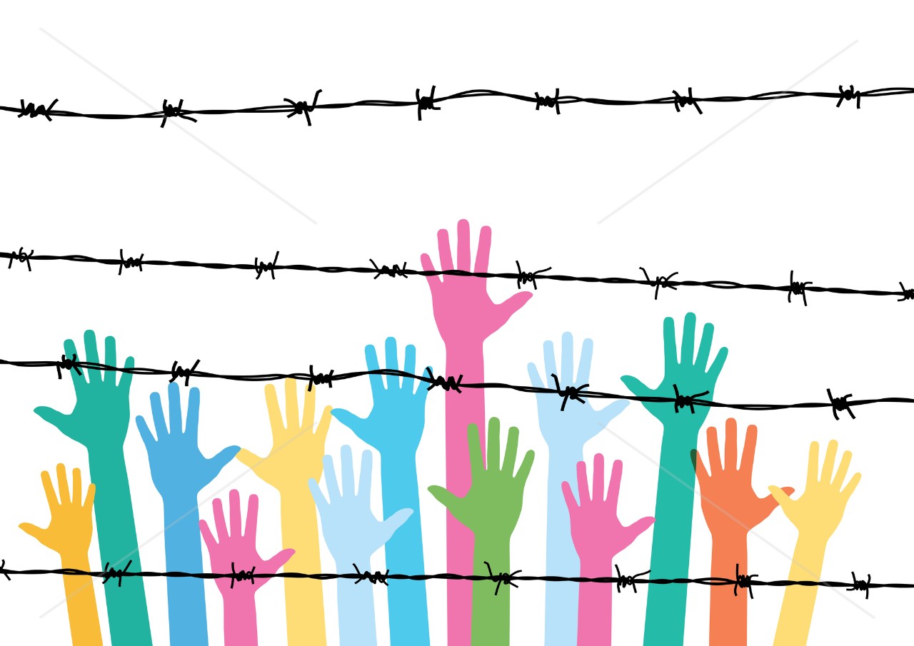 illustration showing multi-colored hands behind a wire fence