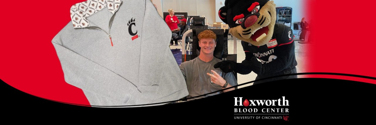 UC Bearcat Sweatshirt donor thank you gift in September from Hoxworth Blood Center