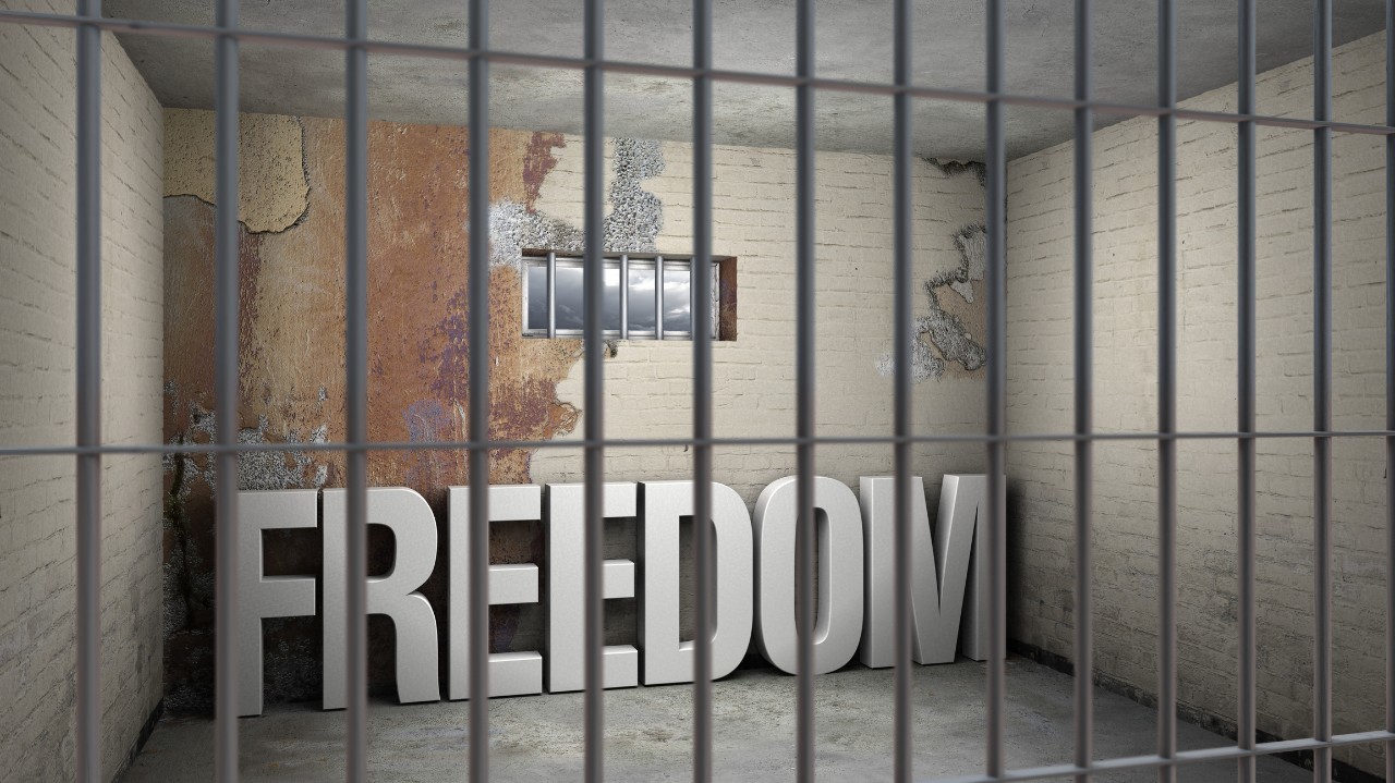 The sign FREEDOM is show inside jail cell bars