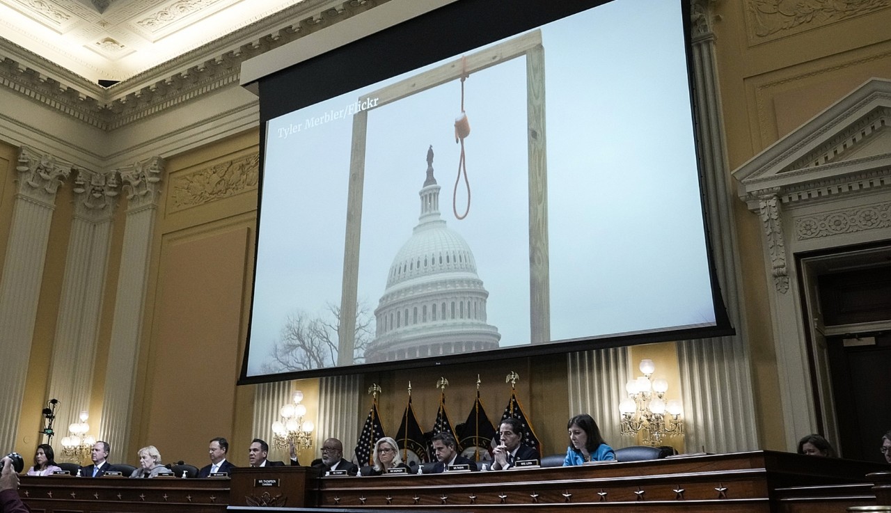 The U.S. House of Representatives conducts a hearing with an image of a noose in front of the U.S. Capitol.