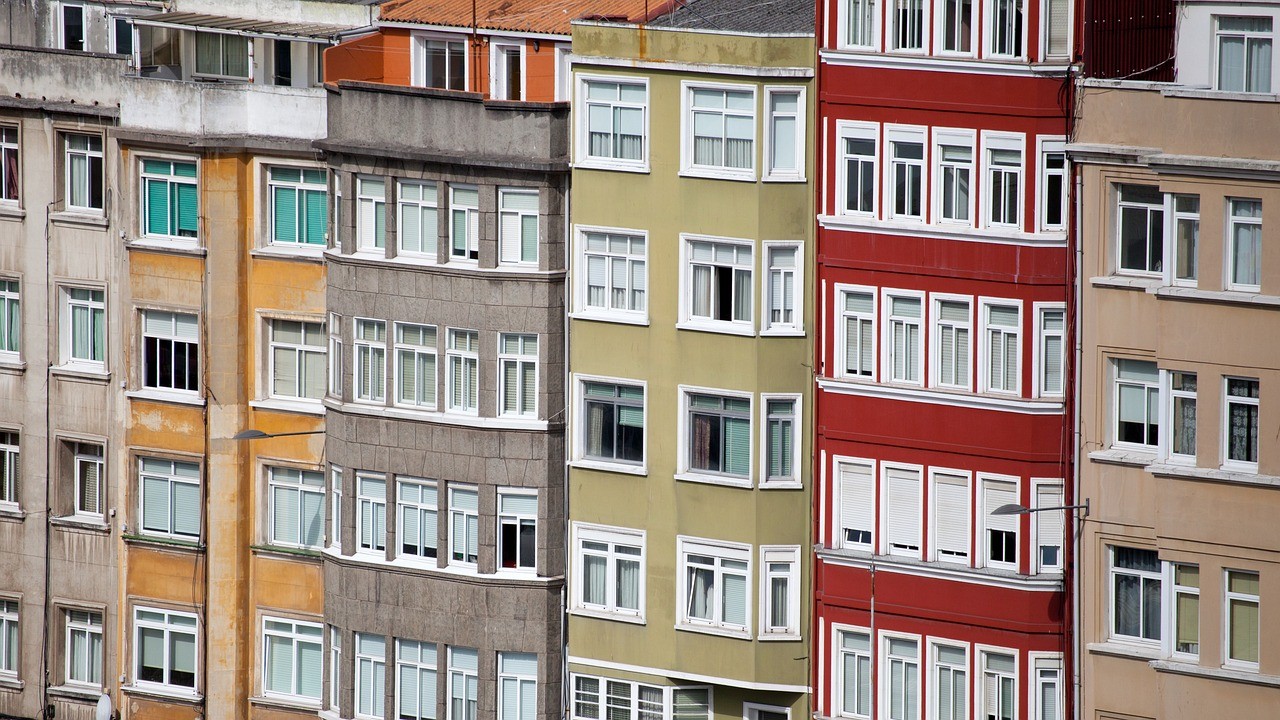 Facades of urban apartment buildings.