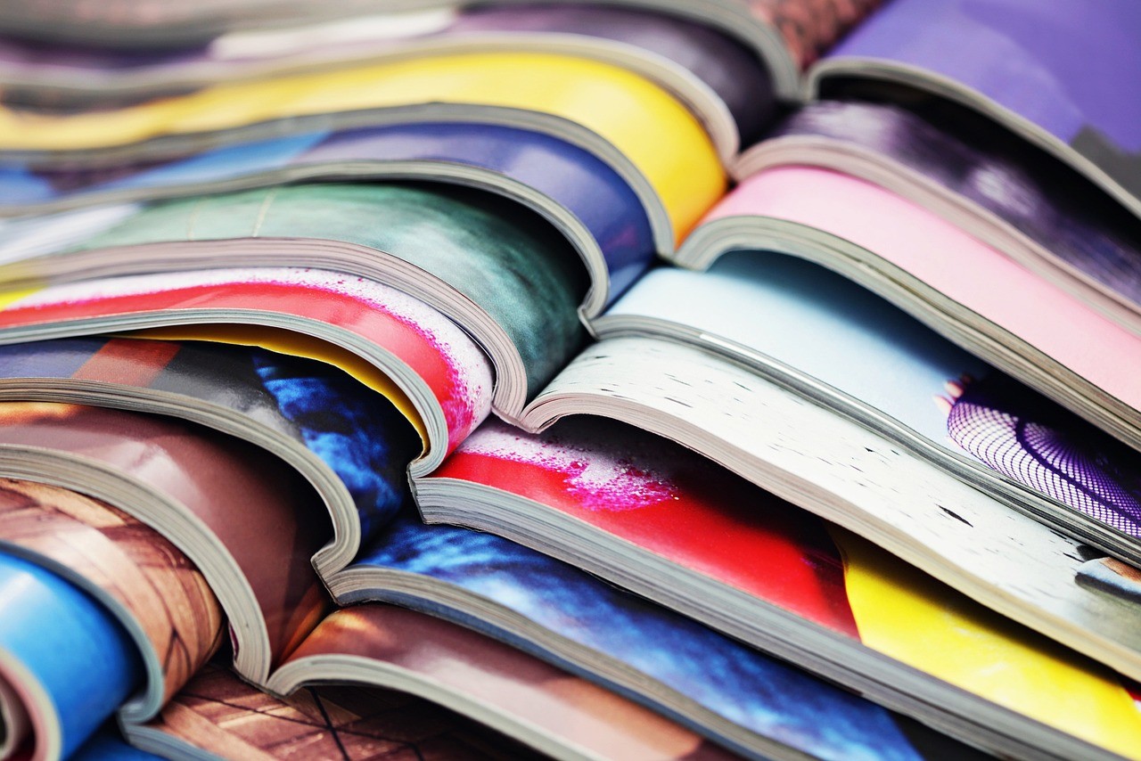 Colorful stacked magazines.