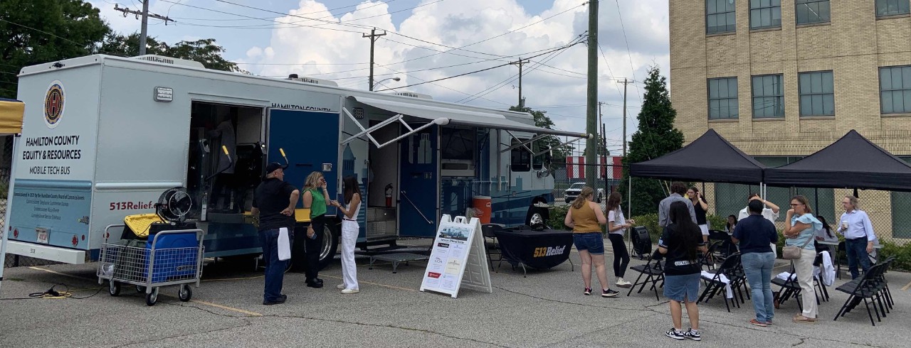 513Relief Bus parked at UC's 1819 Innovation Hub