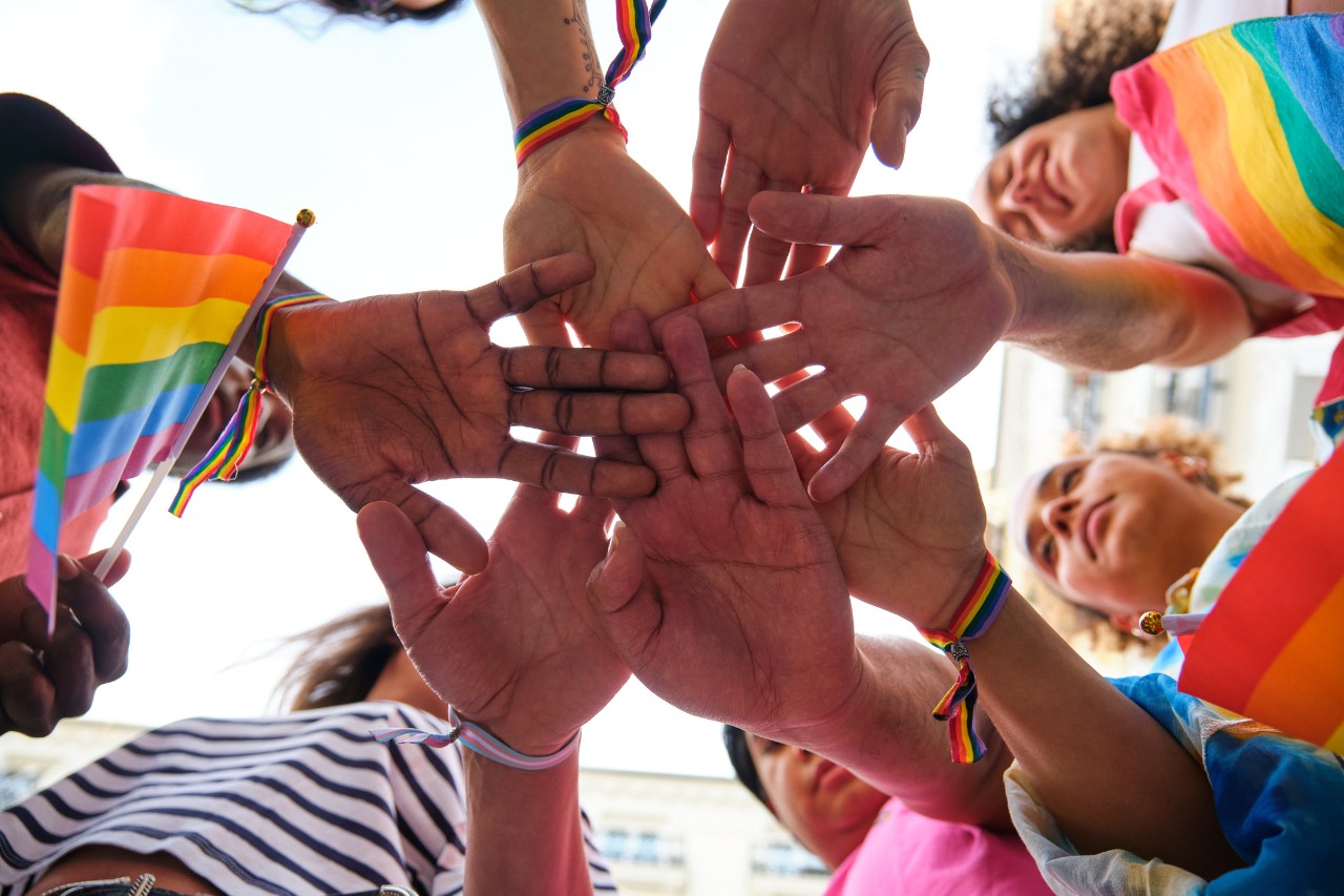 image of several hands of multiracial individuals coming together, some holding rainbow flags