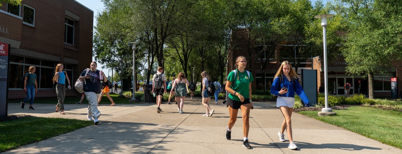 Students walks across the UC Clermont campus in Batavia, Ohio.