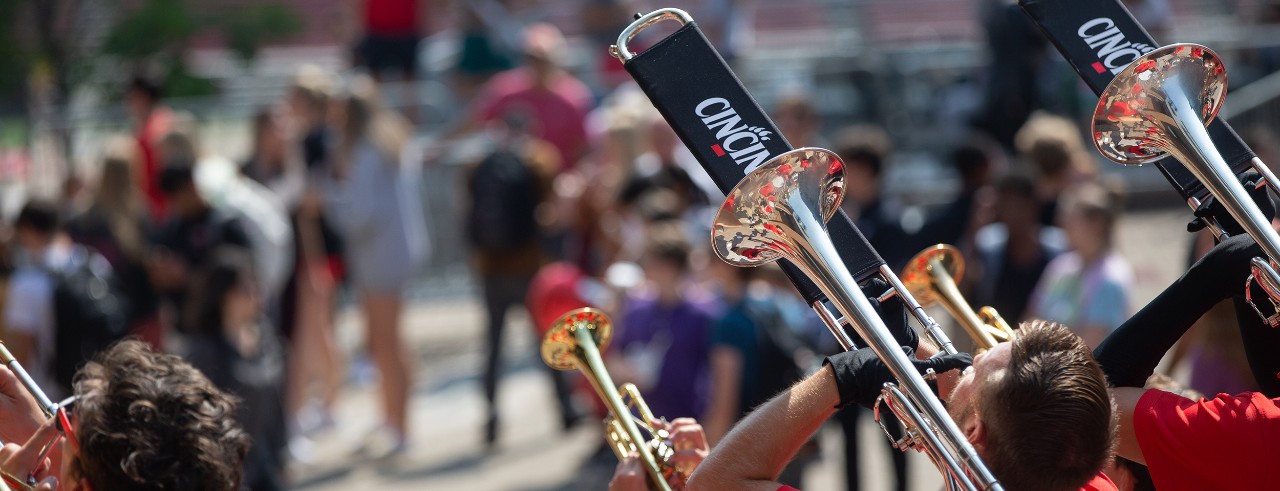 close up of marching band playing