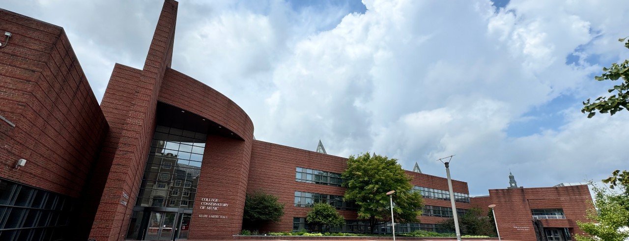 A panoramic photograph of CCM's Corbett Center for the Performing Arts and Mary Emery Hall. Photo/Curt Whitacre