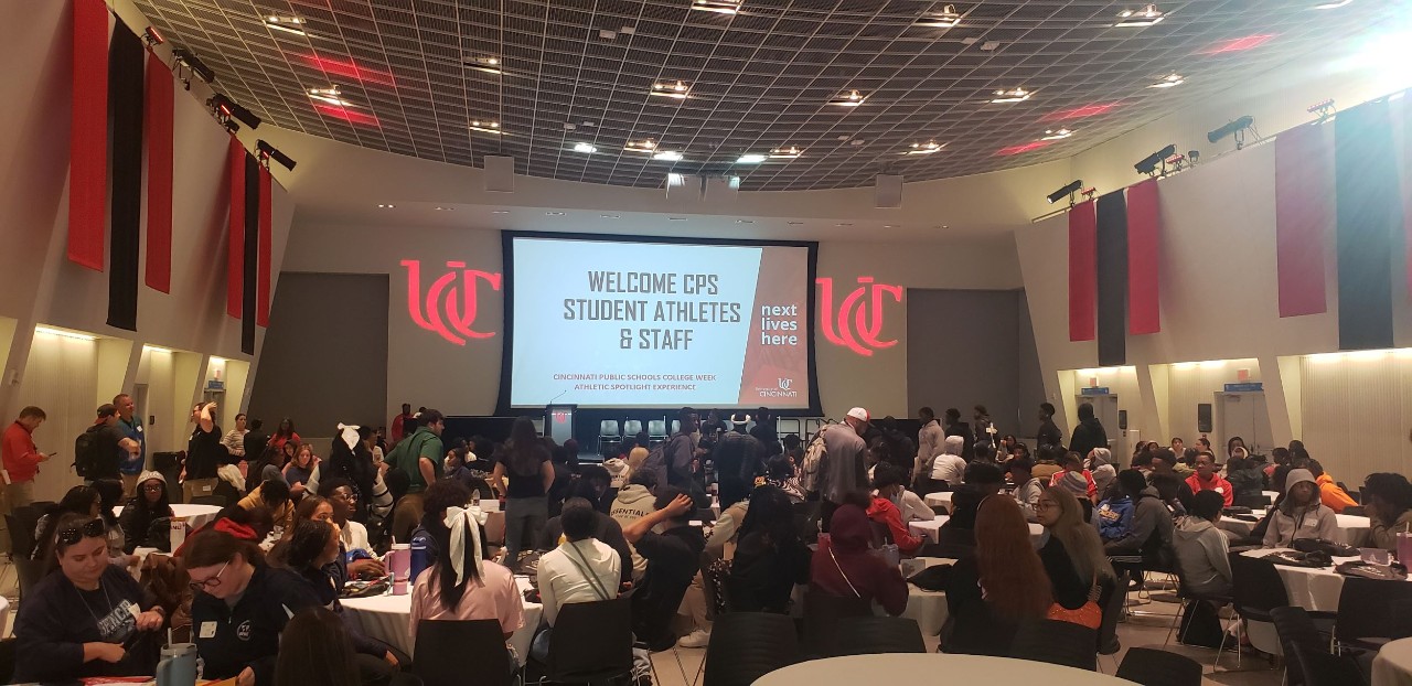 Hundreds of Cincinnati Public Schools shown seated in TUC's Great Hall during the 3rd annual Athletics in College event on the UC campus