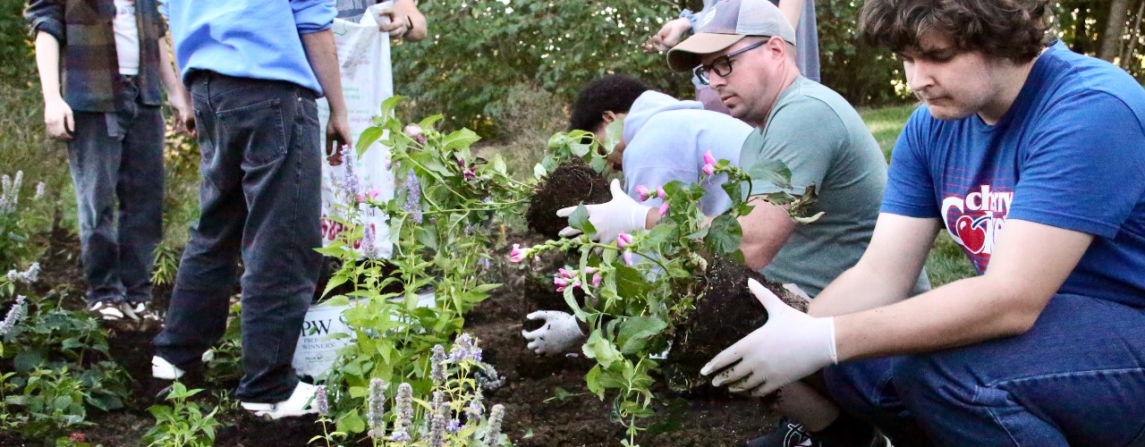 UC students stand aropund a professor as he demonstrates how to plant native species in soil around a storm drain.