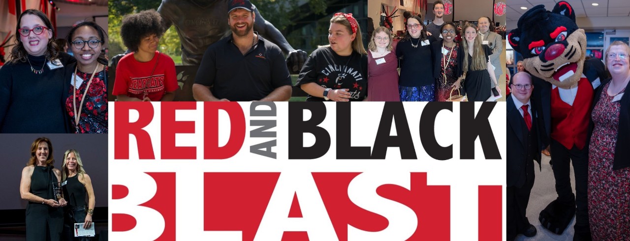 Collage of images of people at an event with the words Red and Black Blast.