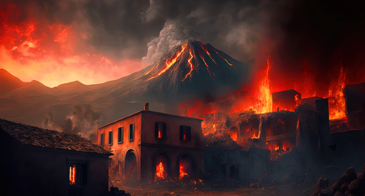 An illustration created with AI depicts the eruption of Mount Vesuvius at Pompeii.