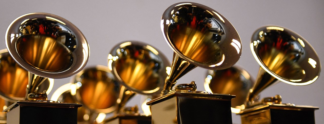 Grammy Award trophies are seen in the press room during the 64th Annual Grammy Awards at the MGM Grand Garden Arena in Las Vegas on April 3, 2022. Photo/Patrick T. Fallon/AFP via Getty Images