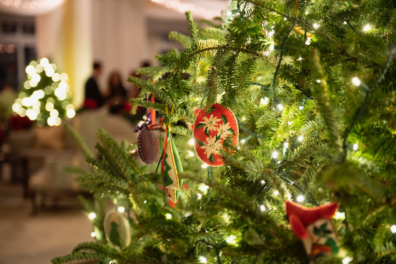 A closeup of ornaments on a Christmas tree.