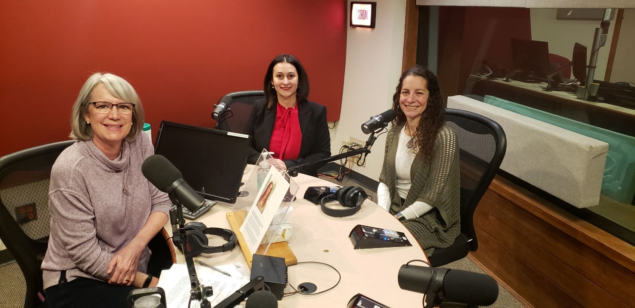 a radio journalist, panelist and Julie Leftwich are shown during a radio interview