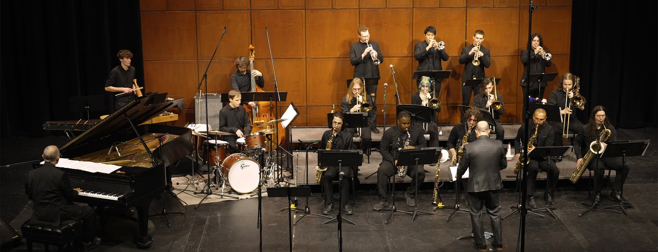 The CCM Jazz Orchestra performs with guest artist Ted Rosenthal in Patricia Corbett Theater. Photo taken from the video recording of CCM's concert on Nov. 24, 2024.