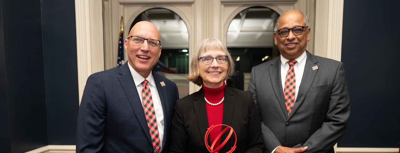 From left to right: CEAS Dean John Weidner, CEAS alumna Melanie Drerup, and UC President Neville Pinto 