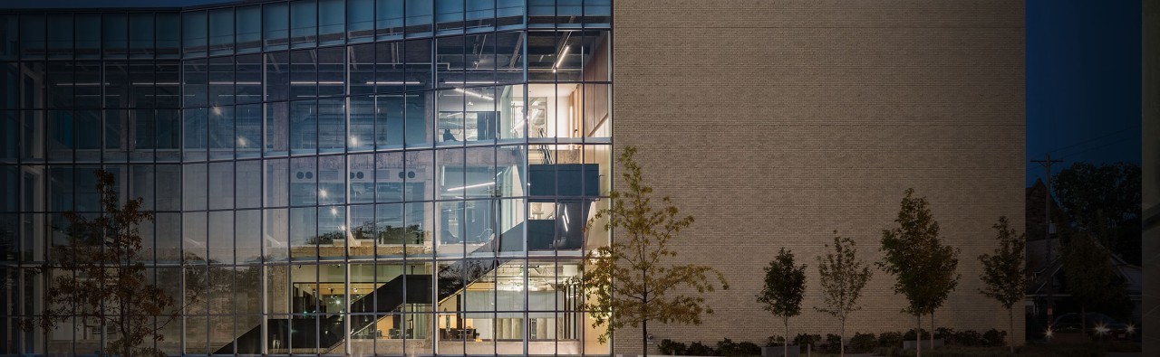 Nighttime view of UC's 1819 Innovation Hub. Photo/Brad Feinknopf