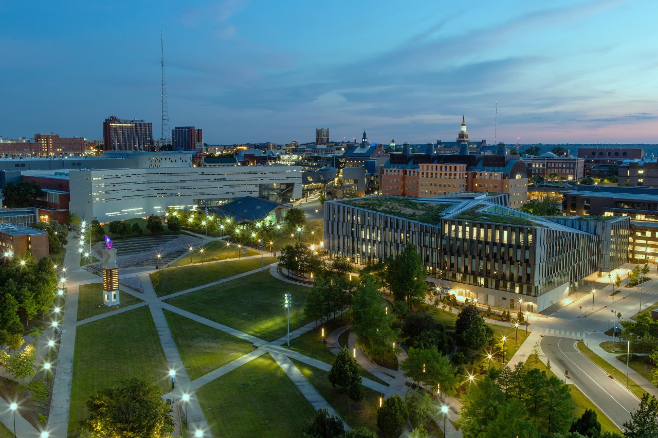 Aerial image of University of Cincinnati's campus at night 