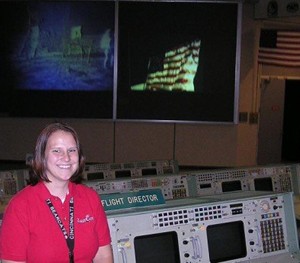 Rachel Edgerly (AsE '09) at the Flight Director console in the historic Apollo Flight Control Room, which was used for mission operations when Neil Armstrong first stepped onto the moon.