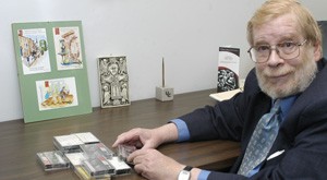 Edgar Slotkin with student collection of folklore archives.  