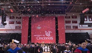 Confetti falls at a University of Cincinnati Commencement ceremony